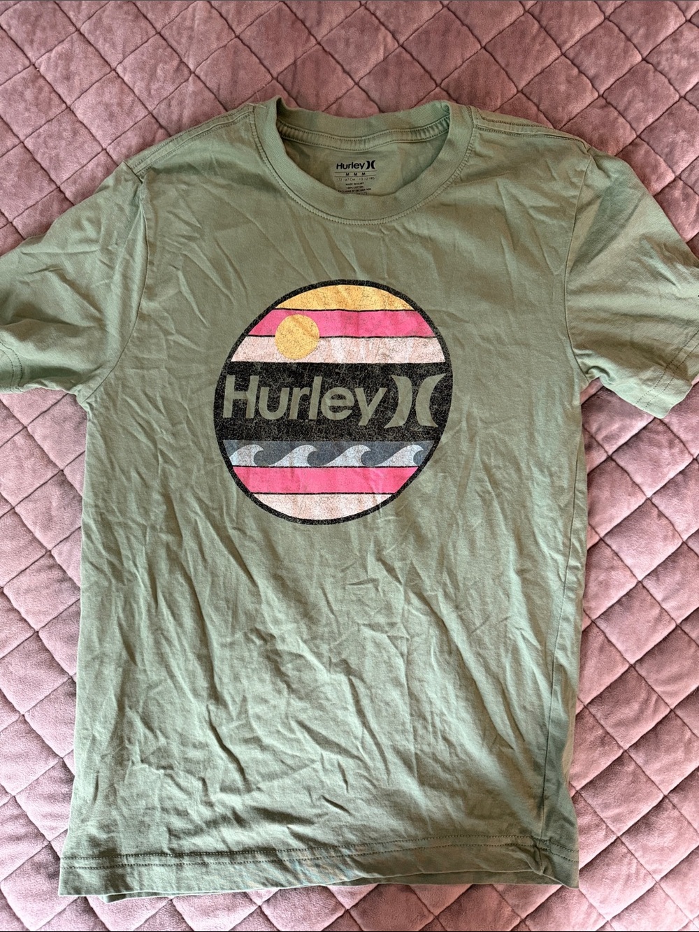 Hurley Men's Sage Green Graphic Short Sleeve Tee with Pink & Yellow Logo